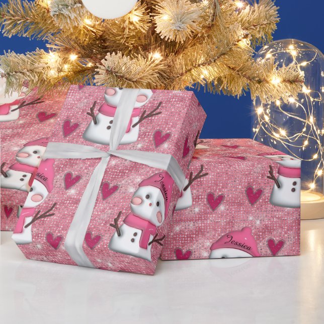 Cute Pink Snowman hearts Personalised Name  Wrapping Paper (Holidays)