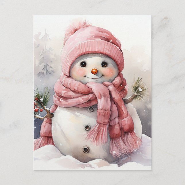 Cute pink Snowman Holiday Postcard (Front)