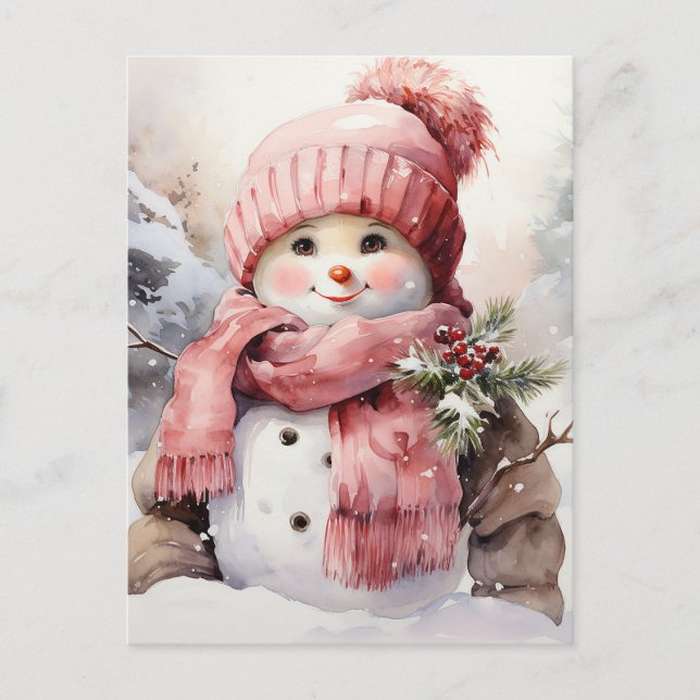 Cute pink Snowman Holiday Postcard (Front)