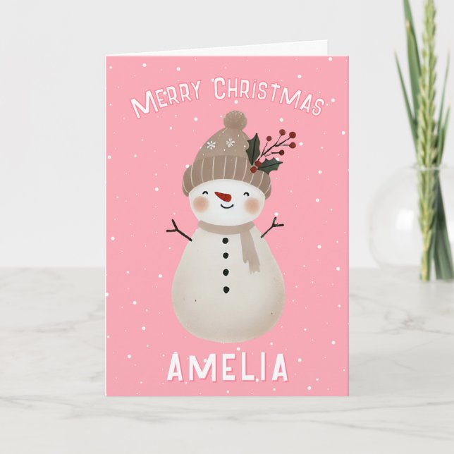 Cute Pink Snowman Kid`s Name Merry Christmas Card (Front)