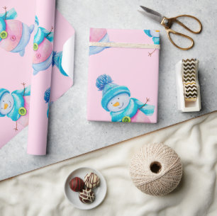 Cute Pink Snowman Kids Christmas Wrapping Paper