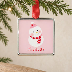 Cute Pink Snowman Kids Name Christmas Keepsake Metal Tree Decoration
