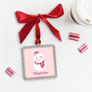 Cute Pink Snowman Kids Name Christmas Keepsake Metal Tree Decoration
