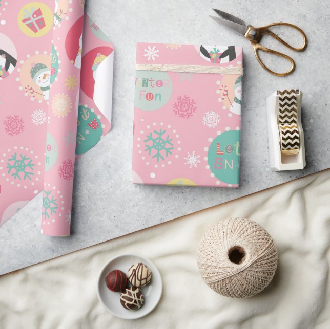 Cute Pink Snowman & Penguin Kids Christmas Wrapping Paper (Crafts)