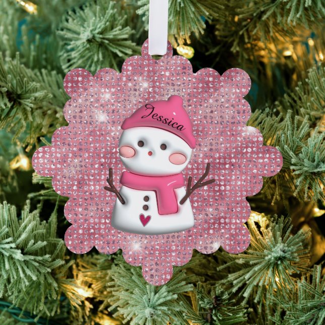 Cute Pink Snowman Personalised Name Tree Decoration Card (Insitu (Tree))