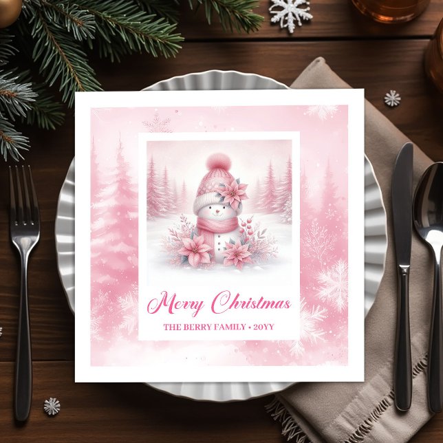 Cute Pink Snowman Watercolor Winter Scene Pinkmas  Napkin (Cute Pink Snowman Watercolor Winter Scene Pinkmas Christmas Napkins

)