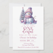 Cute Pink Snowman Winter Birthday Invitation
