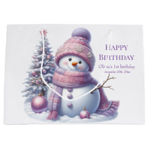 Cute Pink Snowman Winter Birthday Large Gift Bag