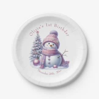 Cute Pink Snowman Winter Birthday Paper Plate
