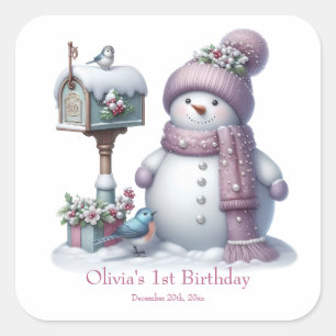 Cute Pink Snowman Winter Birthday Square Sticker