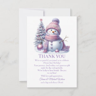 Cute Pink Snowman Winter Birthday Thank You Card
