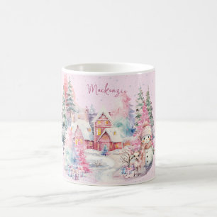Cute Pink Snowman Winter Wonderland Custom Coffee Mug