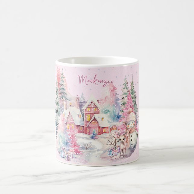 Cute Pink Snowman Winter Wonderland Custom Coffee Mug (Center)