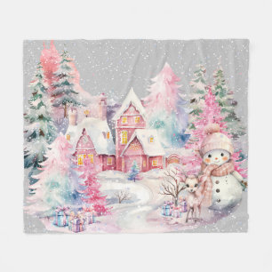 Cute Pink Snowman Winter Wonderland Fleece Blanket