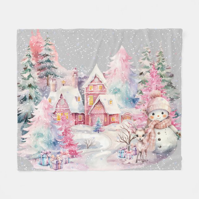 Cute Pink Snowman Winter Wonderland Fleece Blanket (Front (Horizontal))