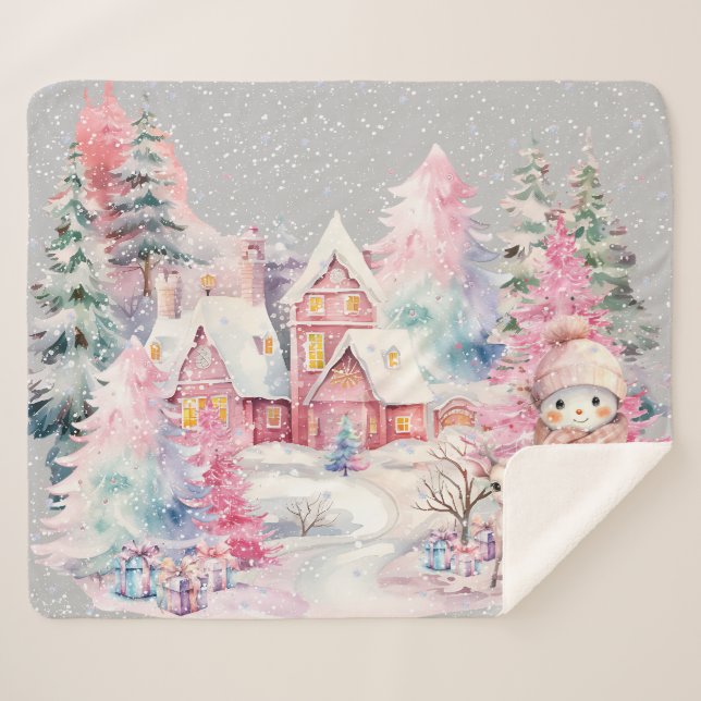 Cute Pink Snowman Winter Wonderland Sherpa Blanket (Front (Horizontal))