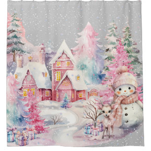 Cute Pink Snowman Winter Wonderland Shower Curtain