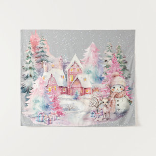 Cute Pink Snowman Winter Wonderland Tapestry