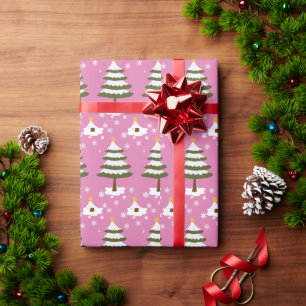 Cute Pink Snowy Christmas Tree Pattern Girls Wrapping Paper