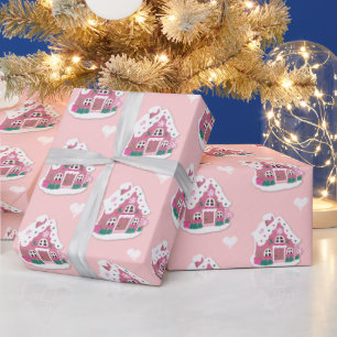 Cute Pink Snowy Gingerbread House and Hearts Wrapping Paper