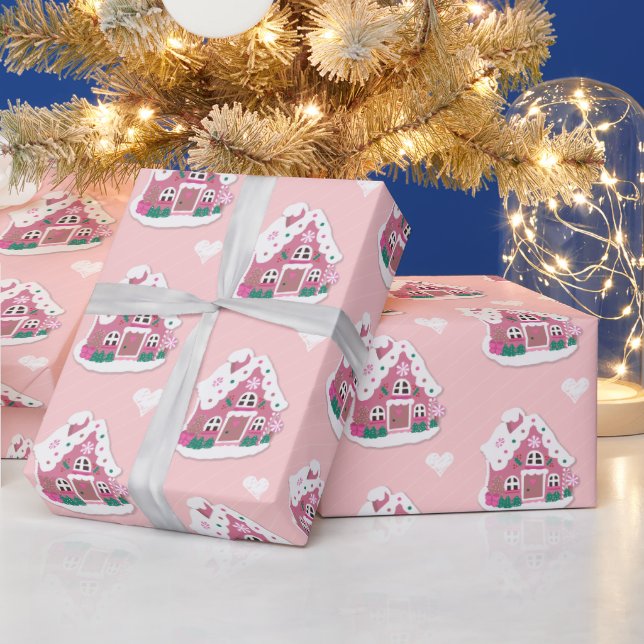 Cute Pink Snowy Gingerbread House and Hearts Wrapping Paper (Holidays)