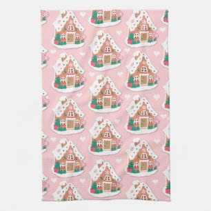 Cute Pink Snowy Gingerbread House Tea Towel