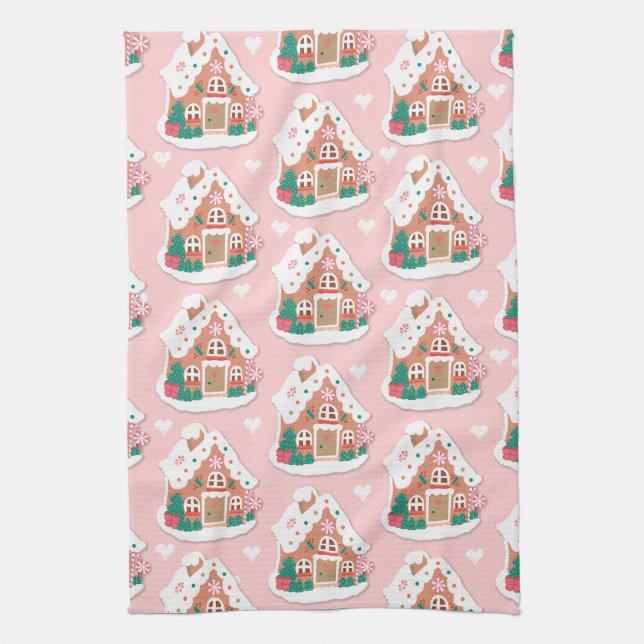 Cute Pink Snowy Gingerbread House  Tea Towel (Vertical)