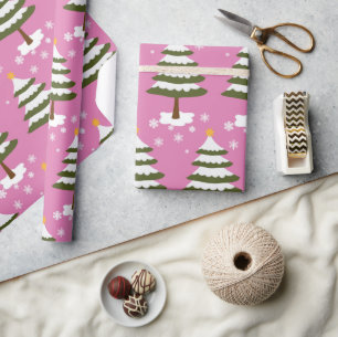 Cute Pink & Snowy Trees Woodland Christmas Holiday Wrapping Paper