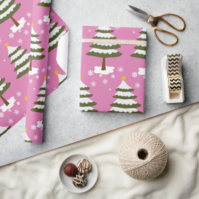 Cute Pink & Snowy Trees Woodland Christmas Holiday Wrapping Paper (Crafts)