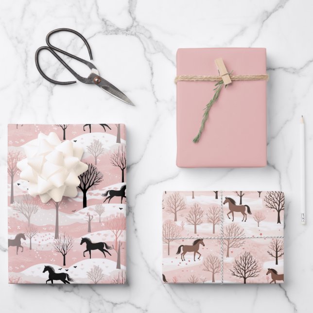 Cute Pink Snowy Winter Horse Wrapping Paper (Front)