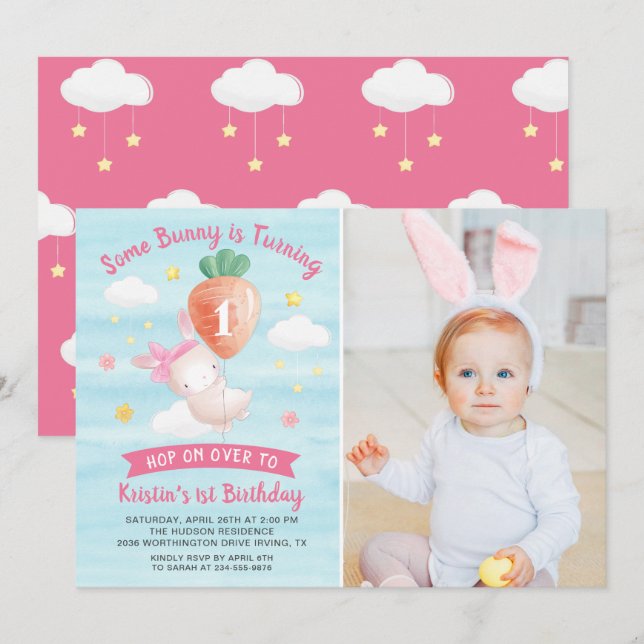 Cute Pink Some Bunny with Carrot Birthday Photo Invitation (Front/Back)