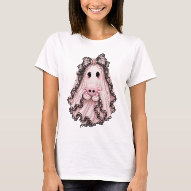 Cute Pink Spider Ghost Halloween T-Shirt | Coquett (Front)