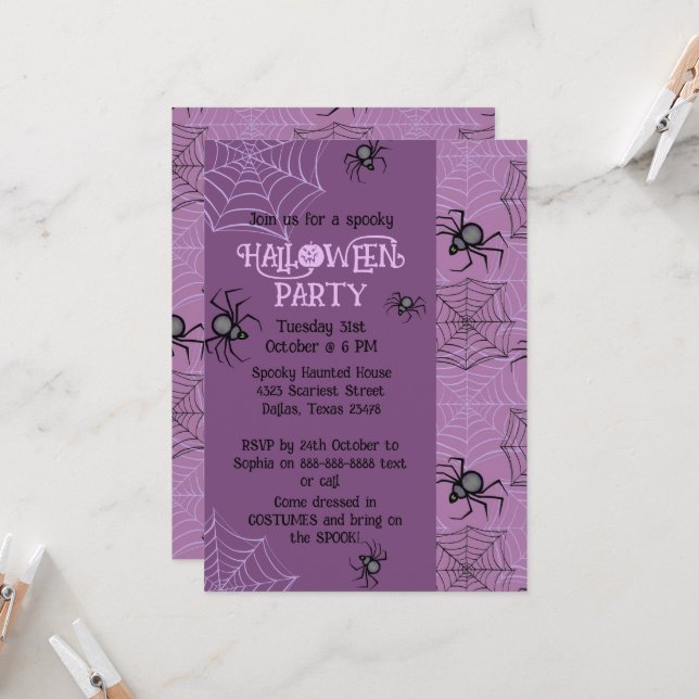 Cute Pink Spider Halloween Party Invitation (Front/Back In Situ)