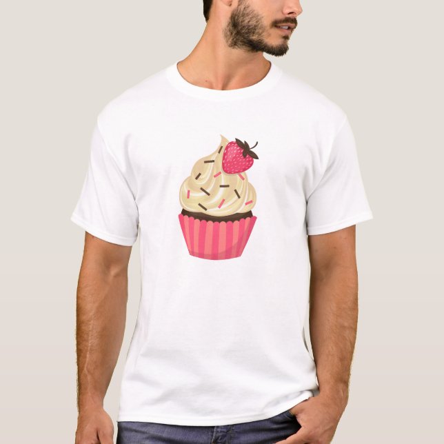 Cute Pink Sprinkles Strawberry Cupcake T-Shirt (Front)