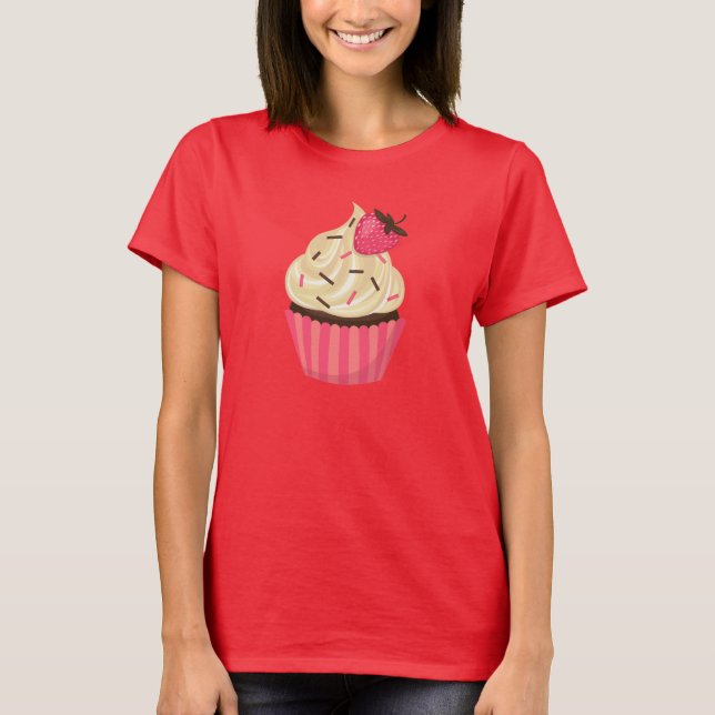 Cute Pink Sprinkles Strawberry Cupcake T-Shirt (Front)