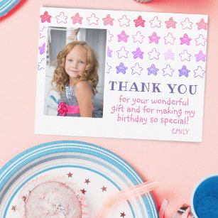 Cute Pink Star Girly Photo Birthday Thank You Postcard