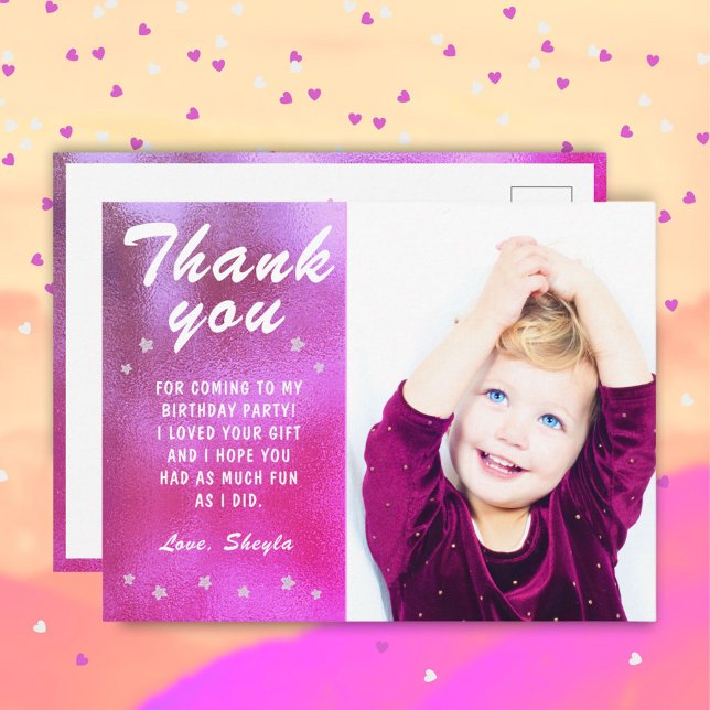 Cute Pink Star Metallic Girly Birthday Photo Postcard (Creator Uploaded)