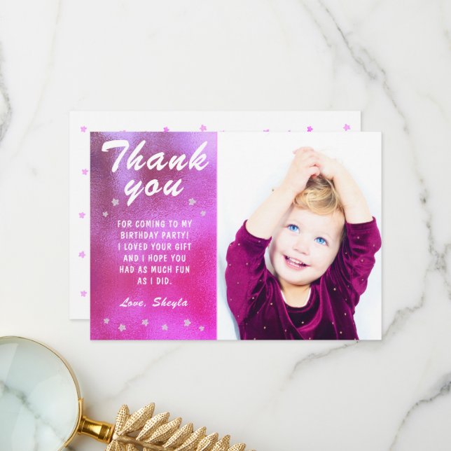 Cute Pink Star Metallic Girly Birthday Photo Thank You Card (Front/Back In Situ)