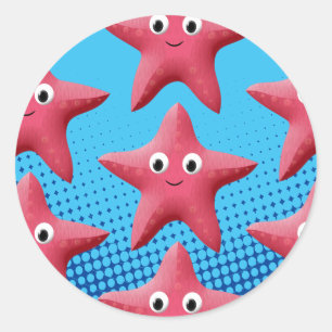 Cute Pink Starfish Blue Ocean Classic Round Sticker