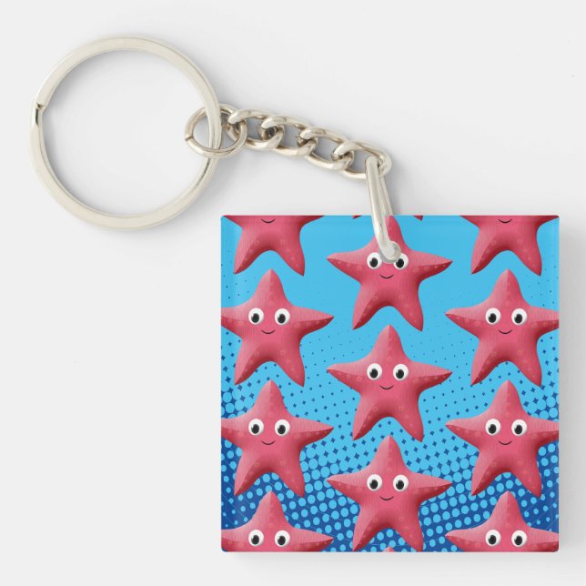 Cute Pink Starfish Blue Ocean Key Ring (Front)