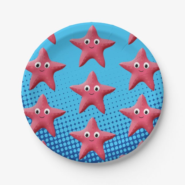 Cute Pink Starfish Blue Ocean Paper Plate (Front)