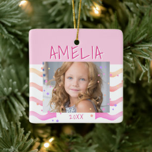 Cute Pink Stars and Waves Girly Photo  Ceramic Orn Ornament