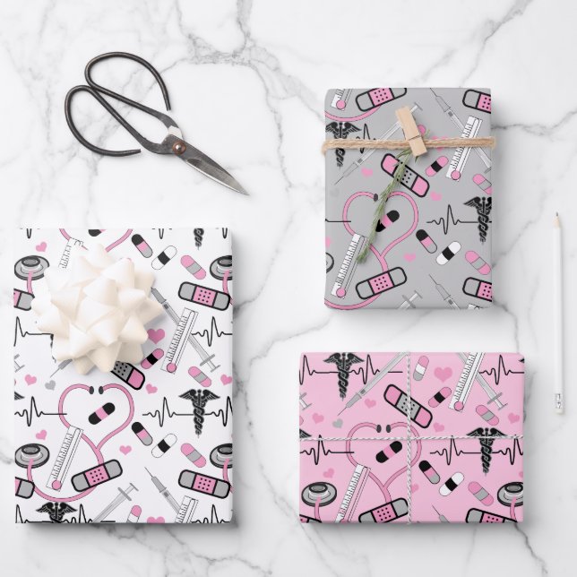 Cute Pink Stethoscope Nurse | Doctor EKG Pattern Wrapping Paper Sheet (Front)