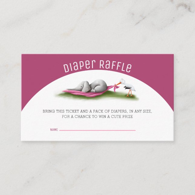 Cute Pink Stork Elephant Diaper Raffle Enclosure Card (Front)