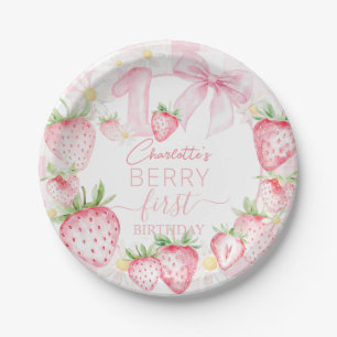 Cute Pink Strawberries Berry First 1st Birthday Paper Plate