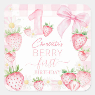 Cute Pink Strawberries Berry First 1st Birthday Square Sticker