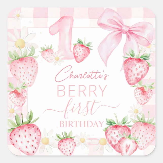 Cute Pink Strawberries Berry First 1st Birthday Square Sticker (Front)