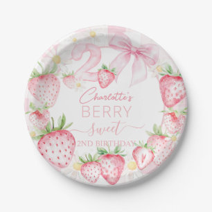 Cute Pink Strawberries Berry Sweet 2nd Birthday Paper Plate