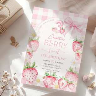 Cute Pink Strawberries Berry Sweet 3rd Birthday Invitation