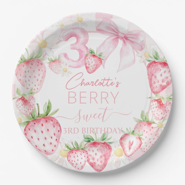 Cute Pink Strawberries Berry Sweet 3rd Birthday Paper Plate (Front)